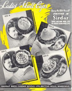 Vintage Ladies 4 Skull Caps Pattern Harrap Bros 1940s