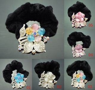 Fashion New Rhinestone AB Crystals Flower Hair Tie Band Soft Fabric Ponytail S69