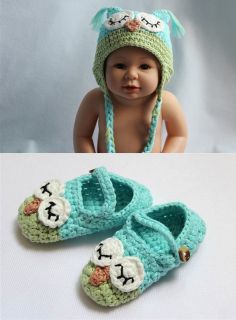 Handmade Knit Crochet Skyblue Green Owl Baby Hats Shoes Nappy Newborn Photo Prop
