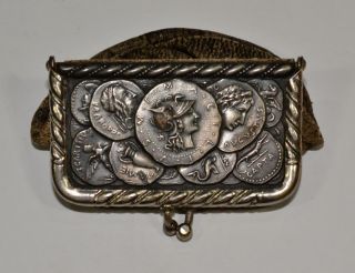 Coin Change Purse Civil War Era Greek Roman Soldier Antique Metal Leather 1800
