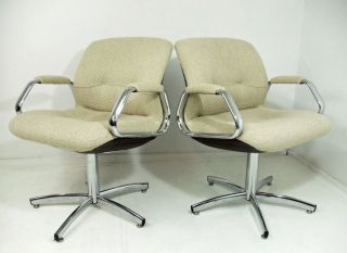 2 Modernistic Steelcase Chrome Swivel Chairs Wool Woven Fabric Vtg