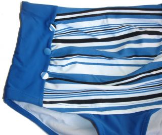 Sz 8 16 Women Blue Stripe Retro High Waist Bikini Boyleg Swimwear Bathers
