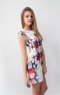 Pink Cap Sleeves Symmetrical Floral Mirror Prints Bodycon Dress 6 8 10 12 14