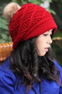 Fashion Women Winter Warm Beanie Crochet Knit Beret Ski Hat Ball Wool Cap Button
