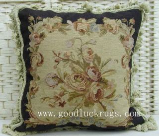 18" Square Floral Roses Wool Needlepoint Sofa Couch Chair Black Pillow Cushion