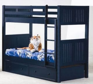 New Dark Navy Blue Twin Wood Bunk Bed w Trundle Bed