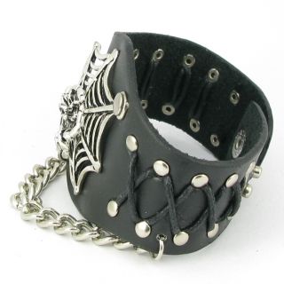 H552 Punk Steel Spider Web w Chain Gothic Black Leather Wristband Men Women