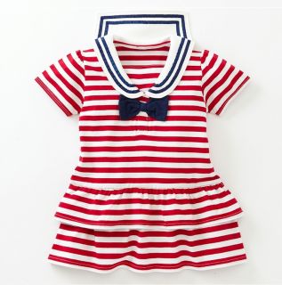 Baby Kids Girl Sailor Marine Style Skirt Dress Blue or Red Stripes Ruffle Bow
