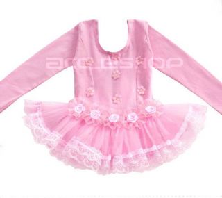 Girl Party Leotard Ballet Tutu Pink Dance Dress 4 5Y Costume Long Sleeve Skirt