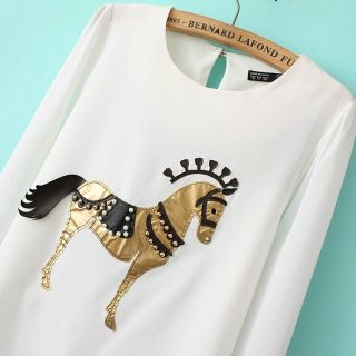 Womens European Fashion Crewneck Horse Print Long Sleeve Shirt Blouse B4017MS