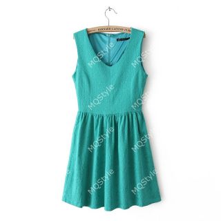 New Womens Fashion V Neck Sleeveless Pleated Hem Mini Dress 5 Colors B2765