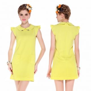 New Womens European Fashion Doll Collar Short Sleeve Sweet Pocket Dress B2318
