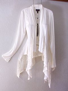New Long Ivory White Vintage Lace Cardigan Duster Sweater Top Coat 12 14 L Large
