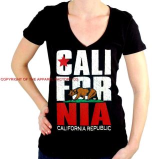 New Women's California Republic Bear Flag V Neck T Shirt 