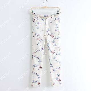 New Womens European Fashion Bird Print Slim Casual Pencil Pants B2817