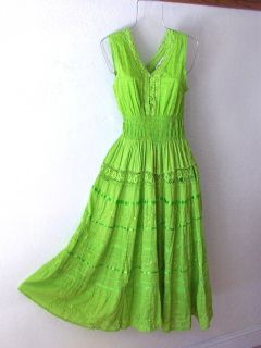 New Long Lime Green Crochet Lace Vintage Peasant Boho Maxi Dress 14 12 L XL