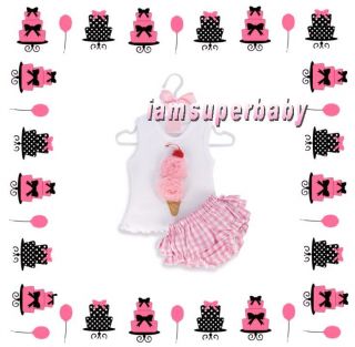 6 24M Baby Girl Ice Cream Top Pink Ruffles Blommer Diaper Panties Set Outfit