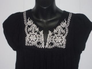 Black Mini Dress with White Embroidered Yolk and Hem Boho Hippie Tunic M