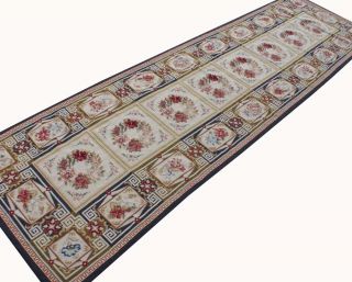 3'x10'7" Runner Handmade French Floral Aubusson Design Wool Needlepoint Area Rug