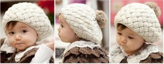 Baby Kids Knitting Wool Braid Crochet Beret Beanie Cony Hair Cap Ear Hat 2 Color