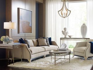 Alena Designer's Art Deco Wood Trim Gray Fabric Sofa Couch Chair Set Living Room