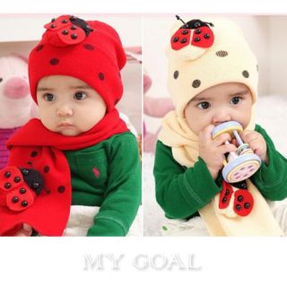 Lovely Baby Infant Boys Girls Ladybug Warm Winter Beanie Hat Cap Scarf Set New