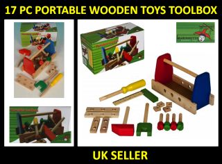 17 Pcs Wooden Toolbox Wood Tool Box Kit Builders Work Case Childs Kids Play Toys