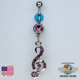 G Clef Dangle Belly Ring Bar Purple Treble Clef Music Note Navel Ring 14g C22
