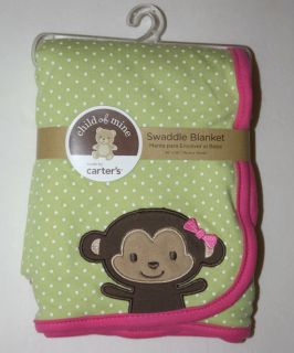 Carters Baby Girl Swaddle Blanket Green Ponk Monkey Polka Dot Large 30x30