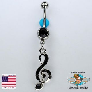 G Clef Dangle Belly Ring Bar Black CZ Treble Clef Music Note Navel Ring Piercing