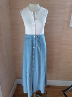 B Moss Womens Long Cotton Blue Denim Summer Dress w White Knit Bodice Sz XS 
