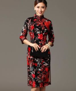 Charming Chinese Women's Velvet Mini Dress Cheongsam Black 6 8 10 12 14
