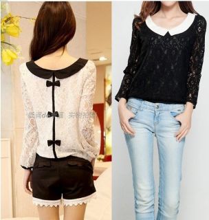 New Womens Korean Fashion Embroidery Flower Doll Collar Bow Lace Shirt E517