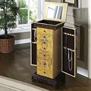 Powell Masterpiece Golden Antique Parchment Hand Painted Floral Jewelry Armoire