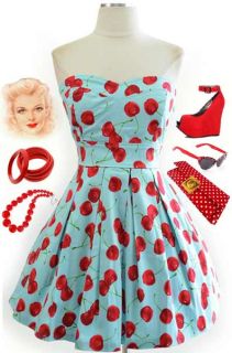 50s Style Aqua Baby Blue Cherry Print Sweetheart Bust Strapless Pinup Sun Dress