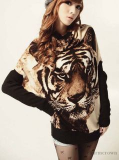 New Women Tiger Printed Batwing Long Sleeve Knitted Tops Pullover Sweater Jumper