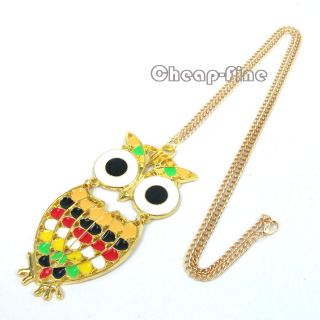 Vintage Gold Multicolor Drip Painting Owl Long Chain Charms Pendant Necklaces