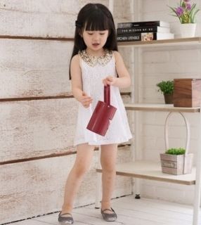 Girls Toddler Lace Hollow Out Floral Kids Sequin Lapel Dress Princess Skirt 2 7Y
