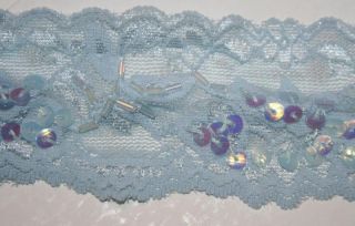 2 yd Remnant Light Baby Blue Stretch Lingerie Headband Lace Sequins 2" Wide T737