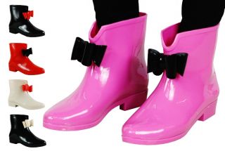 Womens Ladies Front Bow Fashion Ankle Winter Rain Wellies Wellington Gum Boots