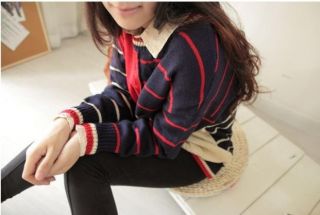 New Womens Korean Fashion Crewneck Stripe Block Long Sleeve Knit Sweaters B781