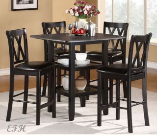 New 5pc Norman Black Finish Wood Counter Height Dining Set w Shelve Storage