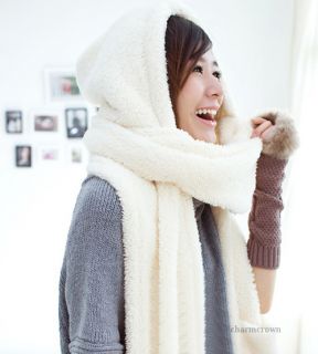 Women Fashion Korean Winter Warm Soft Plush Hooded Hat Cap Scarves Solid Color