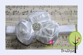 Baby Girl Toddler Teen Lady Headband Fascinator Flower Satin Rose Gem White