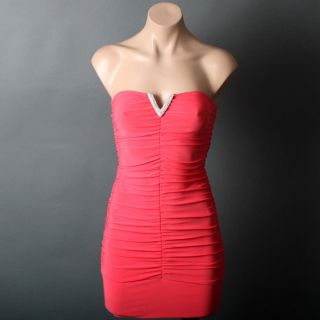 Coral Pink Sexy Strapless Rhinestones Ruched Mini Club Party Dress Size L
