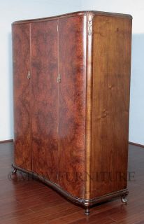 Antique Burl Walnut Art Deco 3 Door 5ft Armoire Wardrobe Closet c1930’s P23
