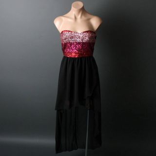 Pink Sequin Chiffon Strapless Black Evening Cocktail Party Long Dress Size M