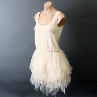 Beige Sleeveless Casual Party Tulle Tutu Stretch Flutter Tiered Dress Size L