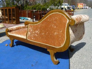 Antique Art Deco Nouveau Style Oak Chaise Lounge Crushed Velvet Upholstery