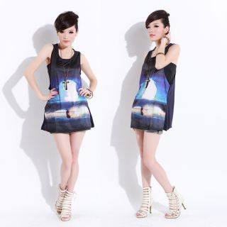 Women Galaxy Mushrooms Cloud Graphic Print Sleeveless Long Shirt Vest Tops Dress